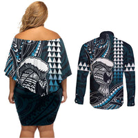 Hawaii Ikaika Warrior Helmet Couples Matching Off Shoulder Short Dress and Long Sleeve Button Shirt Blue Tribal Tattoo LT05 - Polynesian Pride
