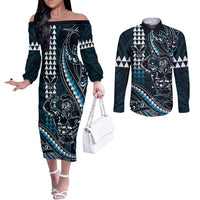 Hawaii Ikaika Warrior Helmet Couples Matching Off The Shoulder Long Sleeve Dress and Long Sleeve Button Shirt Blue Tribal Tattoo LT05 Blue - Polynesian Pride