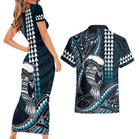 Hawaii Ikaika Warrior Helmet Couples Matching Short Sleeve Bodycon Dress and Hawaiian Shirt Blue Tribal Tattoo
