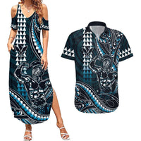 Hawaii Ikaika Warrior Helmet Couples Matching Summer Maxi Dress and Hawaiian Shirt Blue Tribal Tattoo LT05 Blue - Polynesian Pride