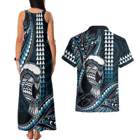 Hawaii Ikaika Warrior Helmet Couples Matching Tank Maxi Dress and Hawaiian Shirt Blue Tribal Tattoo LT05 - Polynesian Pride