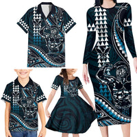 Hawaii Ikaika Warrior Helmet Family Matching Long Sleeve Bodycon Dress and Hawaiian Shirt Blue Tribal Tattoo LT05 - Polynesian Pride