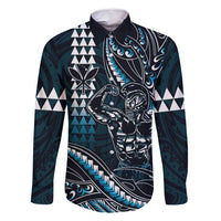Hawaii Ikaika Warrior Helmet Family Matching Mermaid Dress and Hawaiian Shirt Blue Tribal Tattoo LT05 Dad's Shirt - Long Sleeve Blue - Polynesian Pride