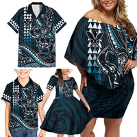 Hawaii Ikaika Warrior Helmet Family Matching Off Shoulder Short Dress and Hawaiian Shirt Blue Tribal Tattoo LT05 - Polynesian Pride