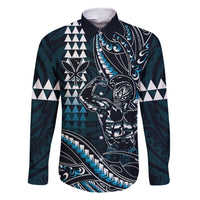 Hawaii Ikaika Warrior Helmet Family Matching Short Sleeve Bodycon Dress and Hawaiian Shirt Blue Tribal Tattoo LT05 Dad's Shirt - Long Sleeve Blue - Polynesian Pride