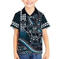 Hawaii Ikaika Warrior Helmet Family Matching Short Sleeve Bodycon Dress and Hawaiian Shirt Blue Tribal Tattoo LT05 Son's Shirt Blue - Polynesian Pride