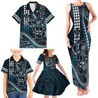 Hawaii Ikaika Warrior Helmet Family Matching Tank Maxi Dress and Hawaiian Shirt Blue Tribal Tattoo LT05 - Polynesian Pride