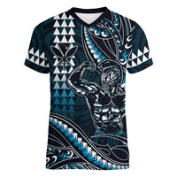 Hawaii Ikaika Warrior Helmet Women V-Neck T-Shirt Blue Tribal Tattoo LT05 Female Blue - Polynesian Pride