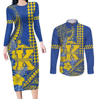 Personalised Hawaii Kaiser High School Couples Matching Long Sleeve Bodycon Dress and Long Sleeve Button Shirt Tribal Tattoo With Hibiscus Flowers