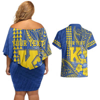 Personalised Hawaii Kaiser High School Couples Matching Off Shoulder Short Dress and Hawaiian Shirt Tribal Tattoo With Hibiscus Flowers