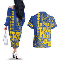 Personalised Hawaii Kaiser High School Couples Matching Off The Shoulder Long Sleeve Dress and Hawaiian Shirt Tribal Tattoo With Hibiscus Flowers LT05 - Polynesian Pride