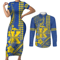 Personalised Hawaii Kaiser High School Couples Matching Short Sleeve Bodycon Dress and Long Sleeve Button Shirt Tribal Tattoo With Hibiscus Flowers