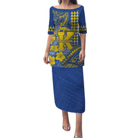 Personalised Hawaii Kaiser High School Family Matching Puletasi and Hawaiian Shirt Tribal Tattoo With Hibiscus Flowers LT05 Mom's Dress Blue - Polynesian Pride