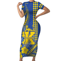 Personalised Hawaii Kaiser High School Family Matching Short Sleeve Bodycon Dress and Hawaiian Shirt Tribal Tattoo With Hibiscus Flowers LT05 Mom's Dress Blue - Polynesian Pride