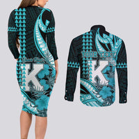 Personalised Hawaii Kapolei High School Couples Matching Long Sleeve Bodycon Dress and Long Sleeve Button Shirt Tribal Tattoo With Hibiscus Flowers