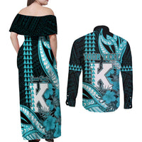 Personalised Hawaii Kapolei High School Couples Matching Off Shoulder Maxi Dress and Long Sleeve Button Shirt Tribal Tattoo With Hibiscus Flowers LT05 - Polynesian Pride