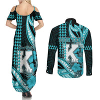 Personalised Hawaii Kapolei High School Couples Matching Summer Maxi Dress and Long Sleeve Button Shirt Tribal Tattoo With Hibiscus Flowers LT05 - Polynesian Pride