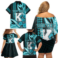 Personalised Hawaii Kapolei High School Family Matching Off Shoulder Short Dress and Hawaiian Shirt Tribal Tattoo With Hibiscus Flowers LT05 - Polynesian Pride