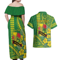 Personalised Hawaii Leilehua High School Couples Matching Off Shoulder Maxi Dress and Hawaiian Shirt Tribal Tattoo With Hibiscus Flowers LT05 - Polynesian Pride