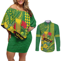 Personalised Hawaii Leilehua High School Couples Matching Off Shoulder Short Dress and Long Sleeve Button Shirt Tribal Tattoo With Hibiscus Flowers