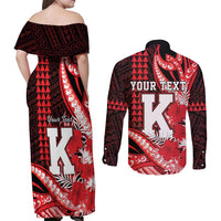 Personalised Hawaii Kalani High School Couples Matching Off Shoulder Maxi Dress and Long Sleeve Button Shirt Tribal Tattoo With Hibiscus Flowers LT05 - Polynesian Pride