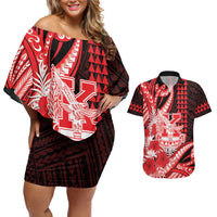 Personalised Hawaii Kalani High School Couples Matching Off Shoulder Short Dress and Hawaiian Shirt Tribal Tattoo With Hibiscus Flowers