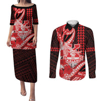 Personalised Hawaii Kalani High School Couples Matching Puletasi and Long Sleeve Button Shirt Tribal Tattoo With Hibiscus Flowers LT05 Red - Polynesian Pride