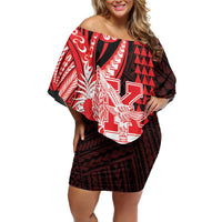Personalised Hawaii Kalani High School Off Shoulder Short Dress Tribal Tattoo With Hibiscus Flowers LT05 Women Red - Polynesian Pride