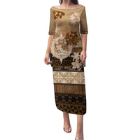 Tonga Emancipation Day Puletasi Tongan Kupesi Ngatu Pattern Vintage Style LT05 Long Dress Brown - Polynesian Pride
