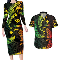 AAPI Heritage Month Couples Matching Long Sleeve Bodycon Dress and Hawaiian Shirt Kanaka Maoli Polynesian Tribal Wave