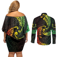 AAPI Heritage Month Couples Matching Off Shoulder Short Dress and Long Sleeve Button Shirt Kanaka Maoli Polynesian Tribal Wave