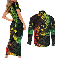AAPI Heritage Month Couples Matching Short Sleeve Bodycon Dress and Long Sleeve Button Shirt Kanaka Maoli Polynesian Tribal Wave