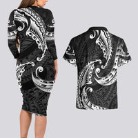 AAPI Heritage Month Couples Matching Long Sleeve Bodycon Dress and Hawaiian Shirt American Samoa Polynesian Tribal Wave