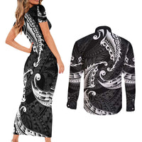AAPI Heritage Month Couples Matching Short Sleeve Bodycon Dress and Long Sleeve Button Shirt American Samoa Polynesian Tribal Wave