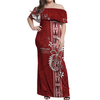 Tonga Language Week Off Shoulder Maxi Dress Malo e Lelei Kupesi Ngatu Pattern LT05 Women Red - Polynesian Pride