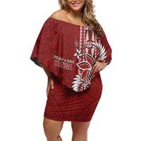 Tonga Language Week Off Shoulder Short Dress Malo e Lelei Kupesi Ngatu Pattern LT05 Women Red - Polynesian Pride