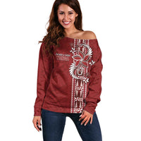 Tonga Language Week Off Shoulder Sweater Malo e Lelei Kupesi Ngatu Pattern LT05 Women Red - Polynesian Pride