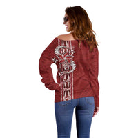 Tonga Language Week Off Shoulder Sweater Malo e Lelei Kupesi Ngatu Pattern LT05 - Polynesian Pride