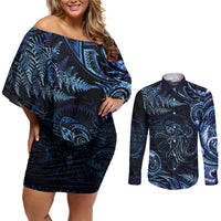 Aotearoa New Zealand Octopus Couples Matching Off Shoulder Short Dress and Long Sleeve Button Shirt Silver Fern Maori Pattern LT05 Blue - Polynesian Pride