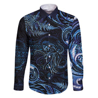 Aotearoa New Zealand Octopus Family Matching Mermaid Dress and Hawaiian Shirt Silver Fern Maori Pattern LT05 Dad's Shirt - Long Sleeve Blue - Polynesian Pride