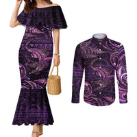 Aotearoa New Zealand Crocodile Couples Matching Mermaid Dress and Long Sleeve Button Shirt Silver Fern Maori Pattern LT05 Purple - Polynesian Pride