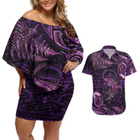 Aotearoa New Zealand Crocodile Couples Matching Off Shoulder Short Dress and Hawaiian Shirt Silver Fern Maori Pattern LT05 Purple - Polynesian Pride