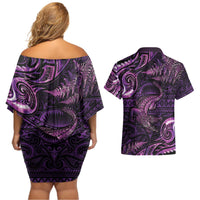 Aotearoa New Zealand Crocodile Couples Matching Off Shoulder Short Dress and Hawaiian Shirt Silver Fern Maori Pattern LT05 - Polynesian Pride