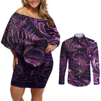 Aotearoa New Zealand Crocodile Couples Matching Off Shoulder Short Dress and Long Sleeve Button Shirt Silver Fern Maori Pattern LT05 Purple - Polynesian Pride