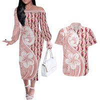 Samoa Teuila Couples Matching Off The Shoulder Long Sleeve Dress and Hawaiian Shirt Pink Samoan Siapo Motifs