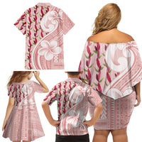 Samoa Teuila Family Matching Off Shoulder Short Dress and Hawaiian Shirt Pink Samoan Siapo Motifs