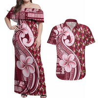 Samoa Teuila Couples Matching Off Shoulder Maxi Dress and Hawaiian Shirt Maroon Samoan Siapo Motifs LT05 Maroon - Polynesian Pride