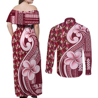 Samoa Teuila Couples Matching Off Shoulder Maxi Dress and Long Sleeve Button Shirt Maroon Samoan Siapo Motifs