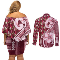 Samoa Teuila Couples Matching Off Shoulder Short Dress and Long Sleeve Button Shirt Maroon Samoan Siapo Motifs