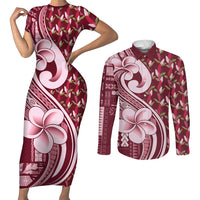 Samoa Teuila Couples Matching Short Sleeve Bodycon Dress and Long Sleeve Button Shirt Maroon Samoan Siapo Motifs